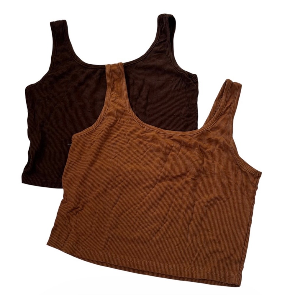 Shein Fresral Women Ribbed Crop Tank Top Set 2 Brown Rust Size M Scoop | 0156